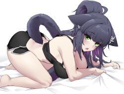 1girl animal_ears arknights ass bare_legs barefoot black_hair black_shorts black_tank_top breasts cat_ears cat_tail commentary crop_top green_eyes highres jessica_(arknights) k0ng large_breasts long_hair looking_at_viewer midriff multicolored_hair open_mouth purple_hair short_shorts shorts solo tail tank_top thighs rating:Sensitive score:27 user:danbooru