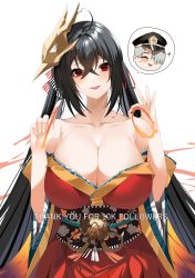 1boy absurdres ahoge azur_lane bare_shoulders black_hair blush breasts chibi cleavage collarbone commander_(azur_lane) crossed_bangs english_text hair_ribbon hand_gesture hands_up heart heart_ahoge highres j.moon japanese_clothes jewelry kimono large_breasts long_hair mask mask_on_head obi off_shoulder parted_lips red_eyes red_kimono red_ribbon ribbon ring sash simple_background smile solo_focus speech_bubble taihou_(azur_lane) thank_you twintails very_long_hair rating:Questionable score:21 user:danbooru