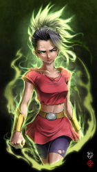  10s 1girl absurdres anger_vein annoyed aura black_background bracer dragon_ball dragon_ball_super earrings glowing glowing_eyes glowing_hair highres jewelry kale_(dragon_ball) kanchiyo looking_at_viewer midriff navel solo stomach torn_clothes veins  rating:Sensitive score:54 user:danbooru