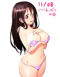 1girl :d bikini blush breast_hold breast_lift breast_rest breast_suppress breasts brown_hair collarbone covering_nipples covering_privates curvy dated hand_on_own_chest large_breasts long_hair looking_at_viewer navel onsoku_inu open_mouth original purple_bikini red_eyes simple_background smile solo swimsuit tareme thick_thighs thighs translated undressing unworn_bikini_top white_background rating:Questionable score:29 user:danbooru