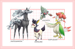  aggron anorith beak black_eyes border character_name closed_mouth commentary creatures_(company) deerling elgyem english_commentary fusion game_freak gen_1_pokemon gen_3_pokemon gen_5_pokemon highres kazuko_(towa) lilligant looking_at_viewer nintendo no_humans orange_eyes pokemon pokemon_(creature) rapidash rufflet smile standing talons zorua 