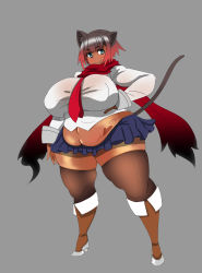  1girl animal_ears aqua_eyes breasts brown_hair cat_ears cat_tail fat gradient_hair highres huge_breasts multicolored_hair red_hair scarf tail tattoo tensai427 thick_thighs thighs  rating:Questionable score:16 user:leejunne
