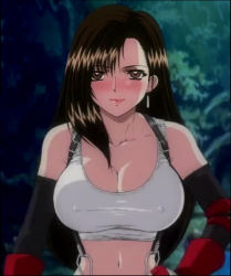  1990s_(style) 1girl black_hair blush breasts brown_eyes cleavage earrings final_fantasy final_fantasy_vii gloves hand_on_own_hip hitsuki jewelry large_breasts long_hair looking_at_viewer midriff narrow_waist naughty_face navel retro_artstyle square_enix stitched third-party_edit tifa_lockhart tomboy  rating:Sensitive score:109 user:dregonskreper
