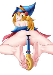  1girl absurdres anal anal_object_insertion anus ass bar_censor bare_shoulders barefoot blonde_hair blue_dress blue_hat bottomless censored commentary_request dark_magician_girl dress feet foot_focus from_behind greek_toe green_eyes hair_between_eyes hat highres long_hair looking_back object_insertion oirin partially_visible_vulva simple_background soles solo staff toes white_background yu-gi-oh! 