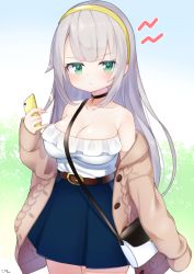 1girl :t bag bare_shoulders black_choker blue_skirt blue_sky blush breasts brown_jacket cellphone choker cleavage closed_mouth collarbone commentary_request day fingernails green_eyes grey_hair hairband highres holding holding_phone jacket kokone_(coconeeeco) large_breasts long_hair long_sleeves looking_at_viewer off_shoulder open_clothes open_jacket original outdoors phone pleated_skirt shirt shoulder_bag sidelocks signature skirt sky sleeves_past_fingers sleeves_past_wrists solo strapless very_long_hair white_shirt yellow_hairband rating:Sensitive score:9 user:danbooru
