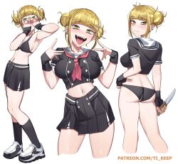  1girl blonde_hair blush boku_no_hero_academia double_bun earrings fangs hair_bun hands_on_own_face highres jewelry knife looking_at_viewer looking_back midriff necktie no_pants no_shirt panties school_uniform shoes skirt sneakers ti_keep toga_himiko tongue tongue_out underwear v  rating:Questionable score:71 user:danbooru