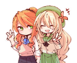  2girls alonemistrist blonde_hair celine_(fire_emblem) closed_mouth dress etie_(fire_emblem) facing_viewer fire_emblem fire_emblem_engage green_dress green_eyes green_hat hair_between_eyes hat holding_another&#039;s_arm jacket long_hair looking_at_another multiple_girls nintendo official_alternate_costume open_mouth orange_hair shirt skirt v very_long_hair w white_background 