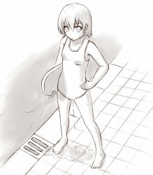 1girl arisu_kazumi boogie_board breasts closed_mouth collarbone copyright_request dot_mouth dot_nose feet full_body grate greyscale hand_on_own_hip holding monochrome nervous one-piece_swimsuit pee peeing peeing_self pool poolside public_indecency puddle short_hair sideways_glance small_breasts standing swimsuit tile_floor tiles toes water wet rating:Questionable score:61 user:Bkgi39
