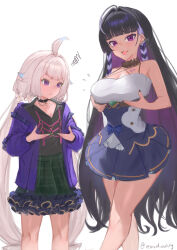  2girls absurdly_long_hair absurdres ahoge bare_shoulders black_hair blonde_hair blunt_bangs braid breast_envy breast_hold breasts chest_tattoo cleavage commentary cosplay costume_switch earrings english_commentary enna_alouette enna_alouette_(cosplay) flat_chest flower hair_flower hair_ornament highres jacket jewelry large_breasts long_hair looking_at_viewer low_twintails meloco_kyoran meloco_kyoran_(cosplay) multicolored_hair multiple_earrings multiple_girls nijisanji nijisanji_en open_mouth purple_eyes purple_hair purple_jacket relaxed_entity simple_background streaked_hair tattoo twintails twitter_username very_long_hair virtual_youtuber white_background 
