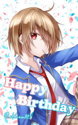  1girl 2023 ahoge arm_at_side blonde_hair blue_jacket chibinon commentary_request confetti dated_commentary dress_shirt expressionless eyelashes hair_ornament hair_over_one_eye hairclip happy_birthday heaven_burns_red highres jacket kayamori_ruka long_sleeves looking_at_viewer necktie nose one_eye_covered open_clothes open_jacket red_eyes red_necktie school_uniform shirt short_hair simple_background solo twitter_username upper_body white_background white_shirt 