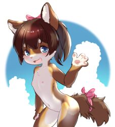  1girl blue_eyes bow brown_fur canopus335 cleft_of_venus cloud fang female_focus furry hair_bow highres loli looking_at_viewer nipples nude open_mouth pussy short_hair smile solo tail tail_bow tail_ornament  rating:Explicit score:47 user:kyleevee
