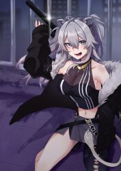  1girl absurdres ahoge animal_ears blush breasts cleavage ear_piercing fur-trimmed_jacket fur_trim grey_eyes grey_hair hair_between_eyes highres hololive jacket jewelry large_breasts lion_ears lion_girl lion_tail long_hair looking_at_viewer mizuhasi night night_sky open_mouth over_shoulder piercing see-through see-through_cleavage shirt shishiro_botan shishiro_botan_(1st_costume) sky smile solo tail two_side_up virtual_youtuber weapon_behind_back 