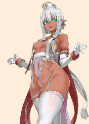  1girl asanagi breasts dark_elf dark_skin elbow_gloves elf gloves green_eyes medium_breasts open_mouth pointy_ears solo tagme thighhighs white_hair  rating:Questionable score:82 user:AslyRostec