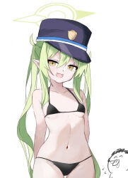  1girl bare_arms bare_legs bare_shoulders bikini black_bikini black_hat blue_archive breasts collarbone cowboy_shot doodle_sensei_(blue_archive) fang green_hair green_halo groin halo hat highlander_twintails_conductor_(blue_archive) highres long_hair looking_at_viewer momomomochi_(momomomoti18) navel no_nose open_mouth peaked_cap pointy_ears sensei_(blue_archive) simple_background small_breasts smile solo swimsuit twintails white_background yellow_eyes 