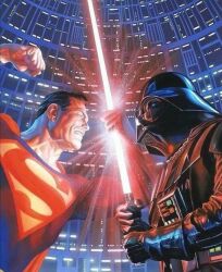  2boys alex_ross armor black_hair commentary crossover darth_vader dc_comics death_star english_commentary glowing highres holding holding_sword holding_weapon male_focus multiple_boys outdoors science_fiction star_wars superman superman_(series) sword weapon 