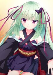  1girl absurdres bare_shoulders black_kimono blunt_bangs blunt_ends blush breasts butterfly_hair_ornament closed_mouth commentary cowboy_shot criss-cross_halter detached_sleeves eyes_visible_through_hair green_hair hair_ornament hair_ribbon halterneck happy highres hime_cut japanese_clothes kimono long_hair long_ribbon long_sleeves looking_at_viewer miz_awa murasame_(senren) orange_background pom_pom_(clothes) red_eyes red_ribbon red_sash ribbon sash senren_banka short_kimono sidelocks simple_background small_breasts smile solo straight_hair tsurime two_side_up very_long_hair wide_sleeves 