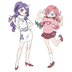 2girls blue_hair casual diamond_(shape) full_body grin gummy twirling_hair high_heels horns long_hair multiple_girls my_little_pony my_little_pony:_friendship_is_magic nail_polish personification pink_hair pinkie_pie ponytail purple_hair rarity_(my_little_pony) red_footwear shirt shoes single_horn skirt smile standing standing_on_one_leg t-shirt tiptoes ushi_(newrein) white_background rating:Sensitive score:39 user:danbooru