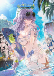  4girls absurdres alternate_costume animal ball beachball bikini bird black_bikini black_halo blue_archive blue_one-piece_swimsuit blue_ribbon blue_sky breasts closed_mouth cloud cocktail commentary cup day drinking_glass english_commentary eyewear_on_head flower hair_flower hair_ornament halo headgear highres holding holding_cup holding_surfboard koyuki_(blue_archive) large_breasts long_hair looking_at_viewer mechanical_halo movik multiple_girls noa_(blue_archive) octopus one-piece_swimsuit one_eye_closed outdoors partially_submerged purple_eyes ribbon rio_(blue_archive) seminar_(blue_archive) sitting sky smile sunglasses sunlight surfboard swimsuit two-tone_bikini very_long_hair wet white_bikini white_flower wrist_ribbon yellow_bikini yuuka_(blue_archive) 