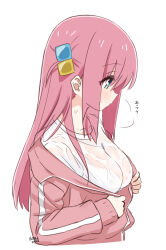  1girl artist_name blue_eyes bocchi_the_rock! bralines breasts closed_mouth clothes_pull commentary cube_hair_ornament dated from_side gotoh_hitori hair_ornament highres jacket jacket_pull long_hair long_sleeves medium_breasts motion_lines one_side_up partially_unzipped pink_hair pink_jacket retsumaru shirt signature simple_background solo sweat track_jacket translated wet wet_clothes wet_shirt white_background white_shirt 