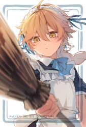  1boy aether_(genshin_impact) ahoge alternate_costume apron back_bow black_dress blonde_hair blue_bow blue_bowtie blue_ribbon blush bow bowtie braid broom brown_eyes closed_mouth collared_dress crossdressing dress earrings enmaided genshin_impact hair_between_eyes hair_ribbon hand_up highres holding holding_broom jewelry long_hair looking_at_viewer maid maid_headdress male_focus puffy_short_sleeves puffy_sleeves ribbon sakusakuagetate short_sleeves simple_background single_earring solo standing white_apron white_background white_bow 