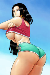  1girl artist_name ass black_hair blue_background blue_eyes boa_hancock breasts cleavage crop_top dolphin_shorts earrings huge_ass huge_breasts iury_padilha jewelry large_breasts looking_at_viewer midriff one_piece red_shirt shirt shorts smile snake_earrings solo underboob undressing  rating:Questionable score:110 user:Garulpo