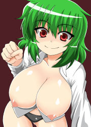  1girl black_panties breasts clenched_hand female_focus green_hair huge_breasts kazami_yuuka large_breasts leaning_forward nipples open_clothes open_shirt panties punching red_eyes sawa_(snack_yoshie) shiny_skin shirt short_hair smile solo touhou underwear  rating:Questionable score:44 user:danbooru