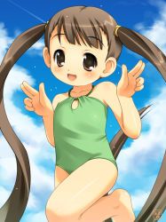  00s 1girl akiba_hideki blush brown_eyes brown_hair casual_one-piece_swimsuit child cloud collarbone contrail day double_v gesture green_one-piece_swimsuit highres long_hair looking_at_viewer moriguchi_yuuichi nyomi one-piece_swimsuit open_mouth petopetosan sky smile solo standing standing_on_one_leg swimsuit twintails v very_long_hair waving  rating:Sensitive score:18 user:danbooru