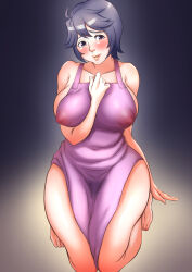  1girl apron blush breasts covered_erect_nipples large_breasts mature_female naked_apron open_mouth original seiza sitting solo tanemoshi  rating:Questionable score:2 user:AmunHotep