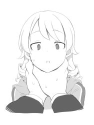 1boy 1girl bad_id bad_twitter_id cropped_torso drill_hair greyscale hands_on_another&#039;s_neck idolmaster idolmaster_cinderella_girls jacket looking_at_viewer medium_hair monochrome morikubo_nono out_of_frame parted_lips pov pov_hands producer_(idolmaster) ringlets simple_background sketch solo_focus strangling sweat track_jacket uccow upper_body rating:Sensitive score:44 user:danbooru
