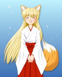  1girl animal_ears blonde_hair blush closed_eyes fox_ears fox_tail japanese_clothes long_hair miko pisipisi smile solo tail 
