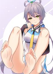  1girl devil_fish feet foot_focus green_eyes grey_hair long_hair luo_tianyi smile soles solo toes vocaloid 