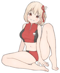 1girl :d absurdres au_arigatou barefoot between_legs blonde_hair bob_cut breasts buruma clenched_teeth commentary_request cropped_shirt feet grin hair_ribbon hand_between_legs highres knee_up looking_at_viewer lycoris_recoil medium_breasts midriff navel nishikigi_chisato open_mouth red_buruma red_eyes red_ribbon red_shirt ribbon shirt simple_background sitting sleeveless sleeveless_shirt smile solo teeth toes white_background rating:Sensitive score:23 user:danbooru