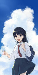  1girl backpack bag black_eyes black_hair black_skirt blue_sky cloud collared_shirt cumulonimbus_cloud day food highres holding holding_food holding_popsicle long_hair long_sleeves looking_at_viewer miko35 necktie open_mouth original outdoors pleated_skirt popsicle red_necktie school_uniform shirt skirt sky solo summer white_shirt 