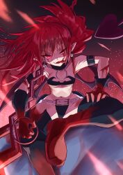  1girl belt blood blood_on_face choker cuts demon_girl demon_tail demon_wings disgaea earrings etna_(disgaea) flat_chest gloves highres injury jewelry looking_at_viewer makai_senki_disgaea navel pointy_ears red_eyes red_hair skirt skull_earrings solo spread_legs strail_cycleman tail thighhighs tongue tongue_out twintails white_belt wings 