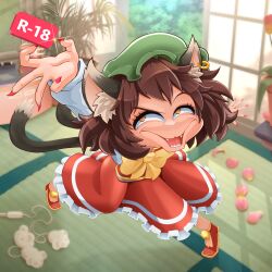  1girl animal_ear_fluff animal_ear_piercing animal_ears april_fools blush bow bowtie brown_eyes brown_hair cat_ears cat_girl cat_tail cat_teaser chen commentary commentary_request content_rating daniel_renard dress earrings english_commentary fangs fingernails fourth_wall full_body glint hat indoors jewelry jumping long_sleeves medium_bangs medium_hair mixed-language_commentary mob_cap multiple_tails open_mouth petals plant potted_plant red_dress red_nails sharp_fingernails shirt shouji single_earring sleeveless sleeveless_dress sliding_doors solo tail tatami touhou troll_face two_tails white_shirt yellow_bow yellow_bowtie 