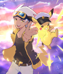  1boy :d absurdres belt belt_buckle brown_belt brown_jacket buckle captain_pikachu cloud commentary_request creatures_(company) finger_gun friede_(pokemon) fur-trimmed_jacket fur_trim game_freak gen_1_pokemon goggles happy haru_(haruxxe) highres jacket looking_at_viewer male_focus nintendo open_clothes open_jacket open_mouth outdoors pants pikachu pokemon pokemon_(anime) pokemon_horizons shirt sky smile sunrise teeth tongue upper_teeth_only white_hair yellow_eyes 
