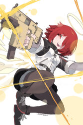 1girl arknights black_footwear black_pantyhose black_skirt boots breasts detached_wings exusiai_(arknights) firing gun hair_over_one_eye halo highres holding holding_gun holding_weapon jacket kriss_vector looking_at_viewer open_mouth orange_eyes pantyhose raneblu red_hair short_hair short_sleeves shorts skirt small_breasts smile solo submachine_gun twitter_username weapon white_background white_jacket white_shorts wings 