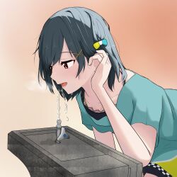  1girl absurdres aqua_shirt black_hair breasts cleavage commentary_request drinking_fountain fang from_side gradient_background hair_ornament hair_ribbon hairclip highres leaning_forward love_live! love_live!_nijigasaki_high_school_idol_club medium_breasts mifune_shioriko open_mouth red_eyes ribbon shirt short_hair sidelocks solo sweat tucking_hair upper_body yukippe_24 