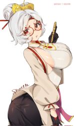  1girl arched_back arm_at_side artist_logo artist_name black_gloves black_skirt blush breasts coat cowboy_shot eyebrows eyelashes female_focus from_side glasses gloves hair_bun half_gloves hand_up highres large_breasts leaning_forward long_sleeves looking_at_viewer looking_to_the_side nintendo open_mouth patreon_username purah red-framed_eyewear red_eyes shirt short_hair simple_background skirt skyrelle sleeveless sleeveless_shirt smile solo the_legend_of_zelda the_legend_of_zelda:_tears_of_the_kingdom white_background white_coat white_hair white_shirt 