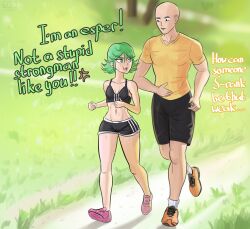  ! 1boy 1girl absurdres anger_vein artist_request bald bare_legs bare_shoulders bike_shorts black_shorts black_sports_bra breasts cleavage competition curly_hair day disgust english_text full_body grass green_eyes green_hair groin gym_uniform highres jogging lips looking_at_another looking_back medium_hair midriff muscular muscular_male navel one-punch_man open_mouth outdoors pectorals running saitama_(one-punch_man) shiny_skin shoes shorts size_difference sky small_breasts sneakers sports_bra sportswear sunset sweat sweatdrop tatsumaki thighs wide_hips  rating:General score:17 user:Popote