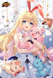  1girl absurdres animal_ears bird blonde_hair blue_eyes bow bshi_edayo copyright_name detached_collar dress fake_animal_ears flower highres holding holding_stuffed_toy indoors logo long_hair mahjong_soul mikami_chiori official_art on_bed open_mouth pink_bow rabbit_ears second-party_source sitting smile solo strapless strapless_dress stuffed_animal stuffed_toy teddy_bear very_long_hair white_dress window wing_collar 