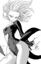  1girl breasts curly_hair curvy floating_hair greyscale manga_page monochrome murata_yuusuke no_panties official_art one-punch_man pointing ripped narrow_waist small_breasts solo tatsumaki thick_thighs thighs torn_clothes wide_hips  rating:Sensitive score:228 user:Theref
