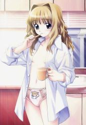 1girl blonde_hair cross_channel cup diaper jpeg_artifacts mug neco-arc no_bra open_clothes open_shirt panties shirt sleeves_rolled_up solo third-party_edit toothbrush underwear yamanobe_miki rating:Questionable score:22 user:danbooru