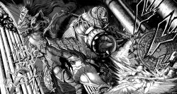  2boys armor attack chain chainmail commentary dark_souls_(series) dark_souls_i debris dragon_slayer_ornstein dust_cloud dutch_angle english_commentary executioner_smough faulds gauntlets greyscale hammer hatching_(texture) helm helmet highres holding holding_polearm holding_weapon knight lightning making-of_available miura_kentarou_(style) monochrome multiple_boys pillar plume polearm sade spear spikes war_hammer weapon 
