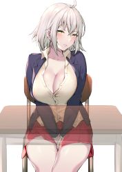  1girl ahoge alternate_costume between_legs blazer blush breasts cleavage collarbone collared_shirt commentary_request desk fate/grand_order fate_(series) grey_hair hair_between_eyes hand_between_legs highres itohana jacket jeanne_d&#039;arc_alter_(avenger)_(fate) jeanne_d&#039;arc_alter_(fate) large_breasts looking_at_viewer miniskirt partially_unbuttoned red_skirt shirt short_hair simple_background sitting skirt solo white_background white_shirt x-ray yellow_eyes 