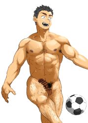  1boy :d abs armpit_hair armpit_hair_peek ball bar_censor bara censored completely_nude erection facial_hair feet_out_of_frame fugur6_fugur9 goatee_stubble hairy highres male_focus male_pubic_hair mature_male muscular muscular_male navel navel_hair nipples nude open_mouth original pectorals penis pubic_hair sanpaku short_hair smile soccer soccer_ball solo sparse_chest_hair sparse_leg_hair stomach stubble sweat thick_eyebrows very_sweaty white_background 
