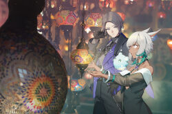  2girls alternate_costume androgynous animal_ears bare_shoulders black_coat black_dress black_gloves black_hair black_pants blurry blurry_background bokeh brooch cat_ears coat collarbone cowboy_shot creature criss-cross_halter dated depth_of_field dress facial_mark feather_hair_ornament feathers final_fantasy final_fantasy_xiv from_side gloves grey_eyes hair_ornament halterneck hand_in_own_hair hand_on_own_hip indoors jewelry lamp long_sleeves looking_at_another miqo&#039;te mt_(ringofive) multiple_girls nixie_(ff14) o-ring outstretched_arms pale_skin pants reverse_trap short_hair signature smile stained_glass standing white_eyes white_hair y&#039;shtola_rhul zero_(ff14) 