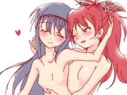 10s 2girls akemi_homura black_hair bomaan bow breasts closed_eyes female_focus hair_bow hairband hand_on_another&#039;s_head heart hug hug_from_behind long_hair looking_at_another mahou_shoujo_madoka_magica mahou_shoujo_madoka_magica_(anime) multiple_girls no_nipples nude one_eye_closed ponytail red_hair sakura_kyoko simple_background small_breasts smile white_background yuri rating:Questionable score:7 user:danbooru