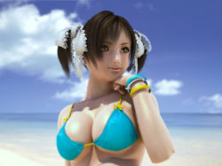  1girl 3d beach bikini bikini_top_only bracelet breasts brown_eyes brown_hair cloud female_focus hair_ribbon incise_soul jewelry m-rs ocean outdoors ribbon short_twintails sky solo swimsuit twintails upper_body  rating:Questionable score:25 user:shadowedone