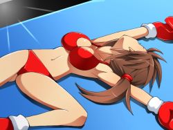  1girl beaten bikini boxing_gloves breasts brown_hair cleavage defeat full_body long_hair lying navel on_back original ponytail shamanwer solo swimsuit thong unconscious underwear 
